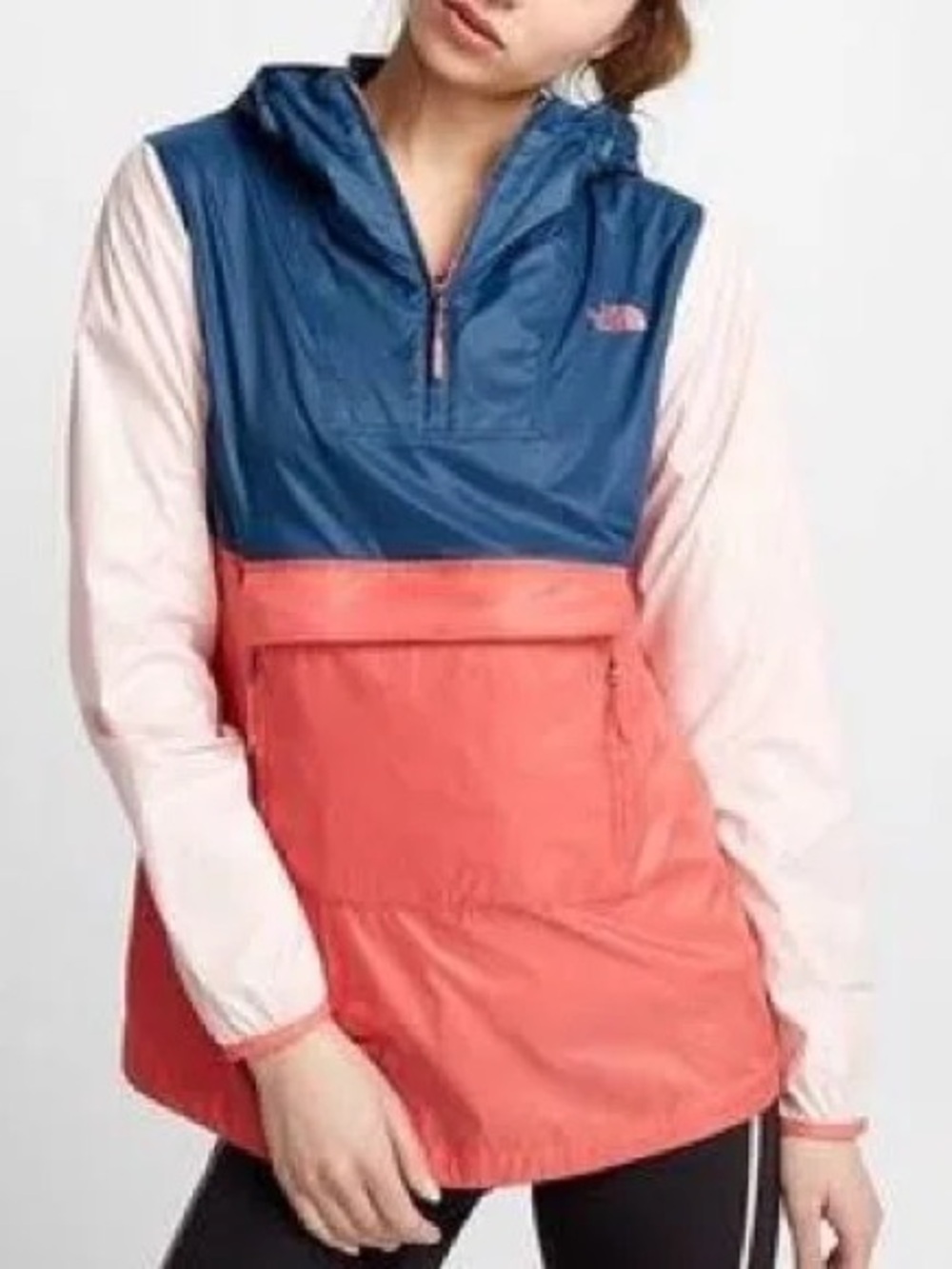 The North Face S Pink Navy Coral Breaker Windwall 1/4 Zip Anorak Stow Jacket L